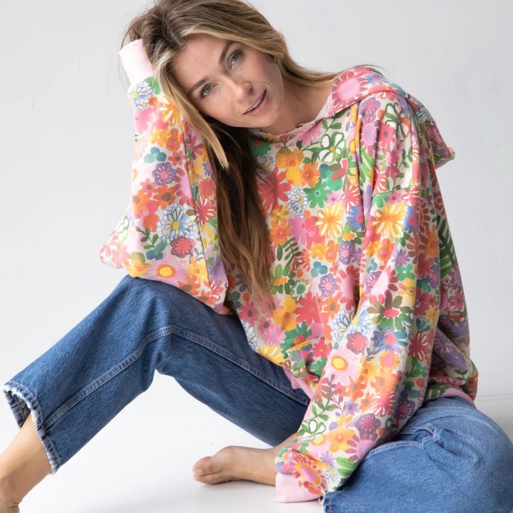 Natural Life Oversized Printed Hoodie rainbow floral sweatshirt Women’s Sz S/M
